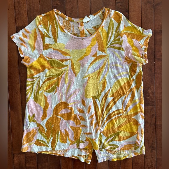 C&C California Women’s Tropical Orange and Pink Print 100% Linen T Shirt Size 1X - Picture 1 of 8